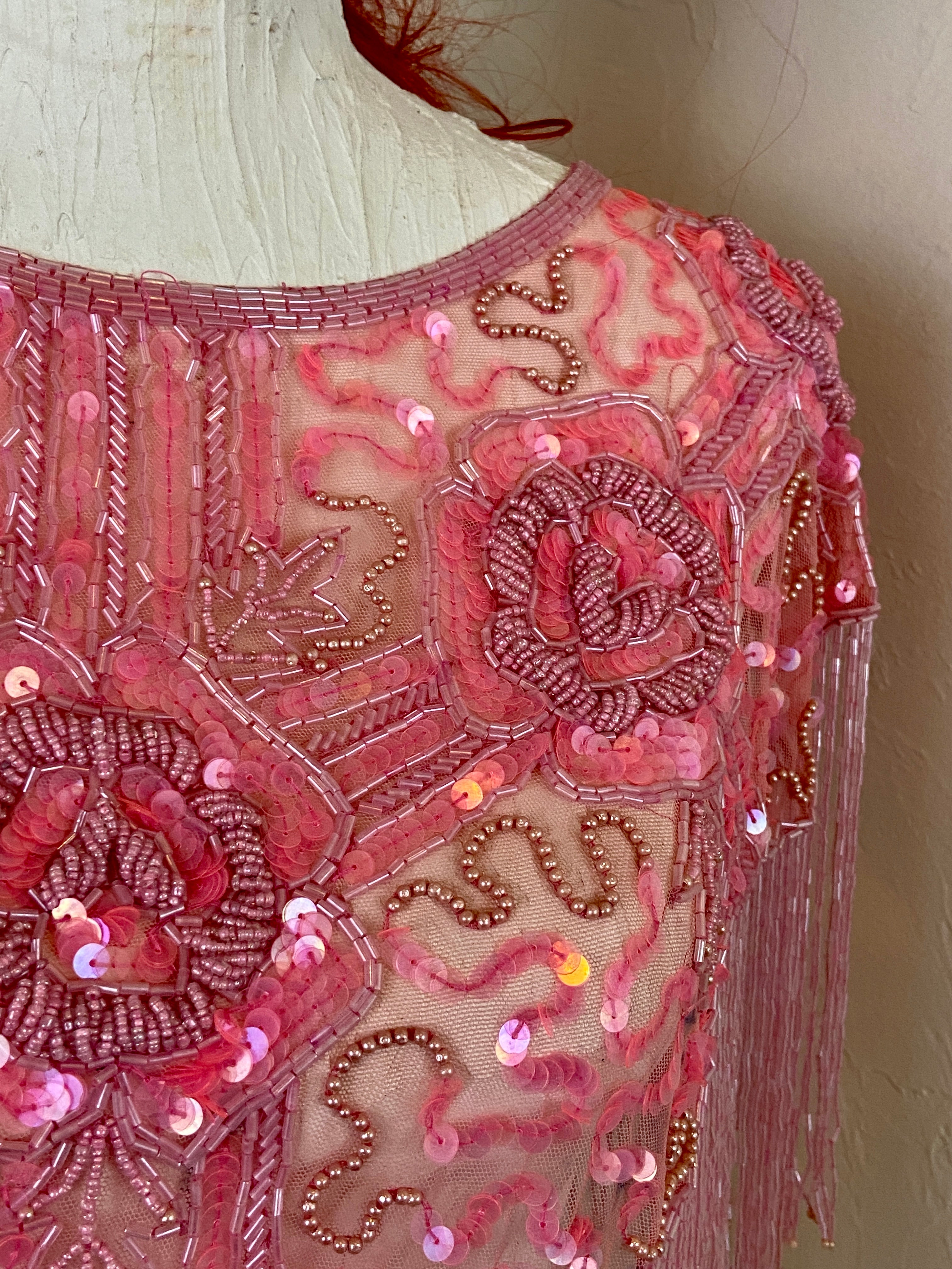 Pink Glass Beaded Fringe & Sequin Shrug