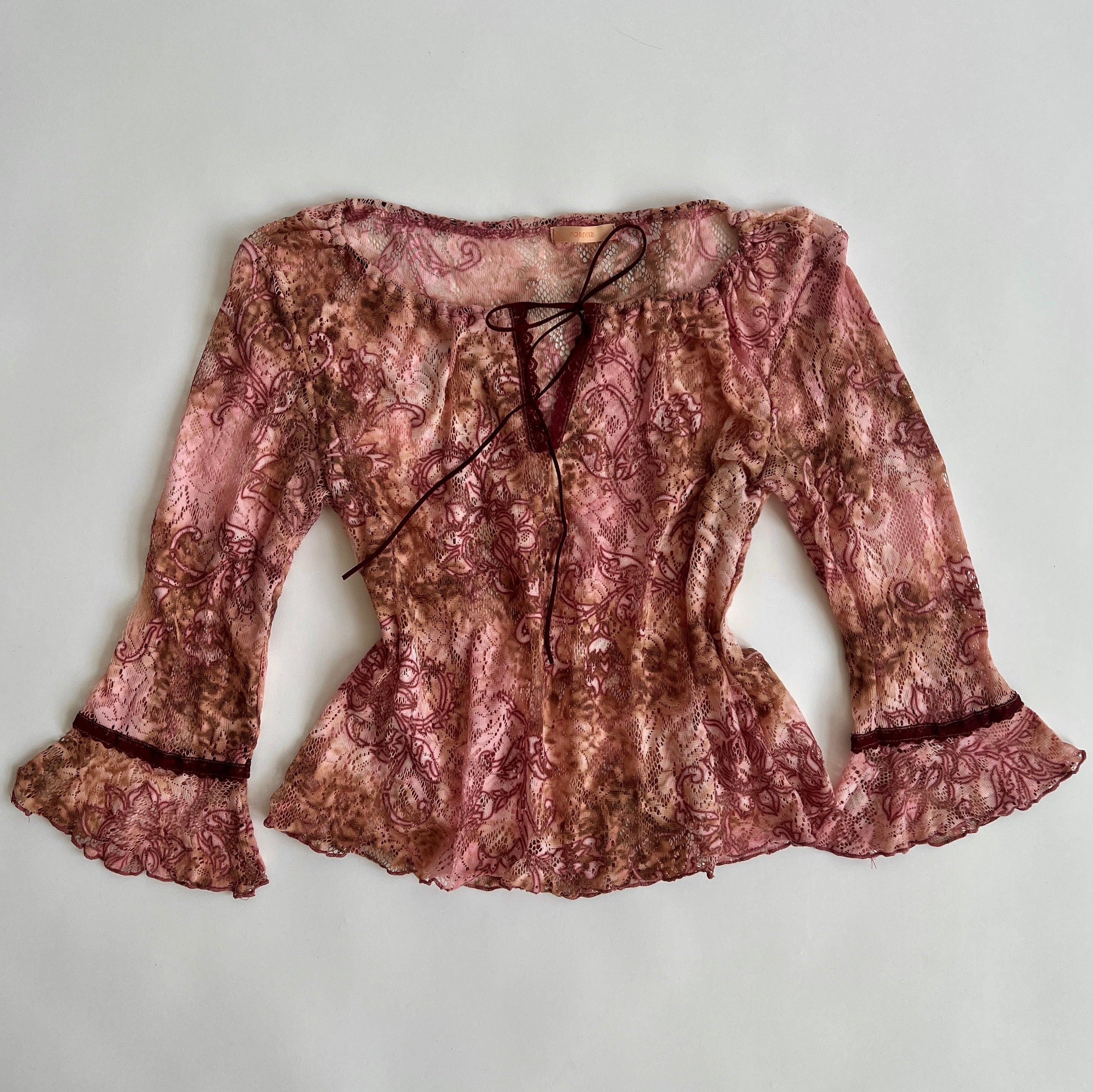 Y2K sheer floral tie dye peasant top - L
