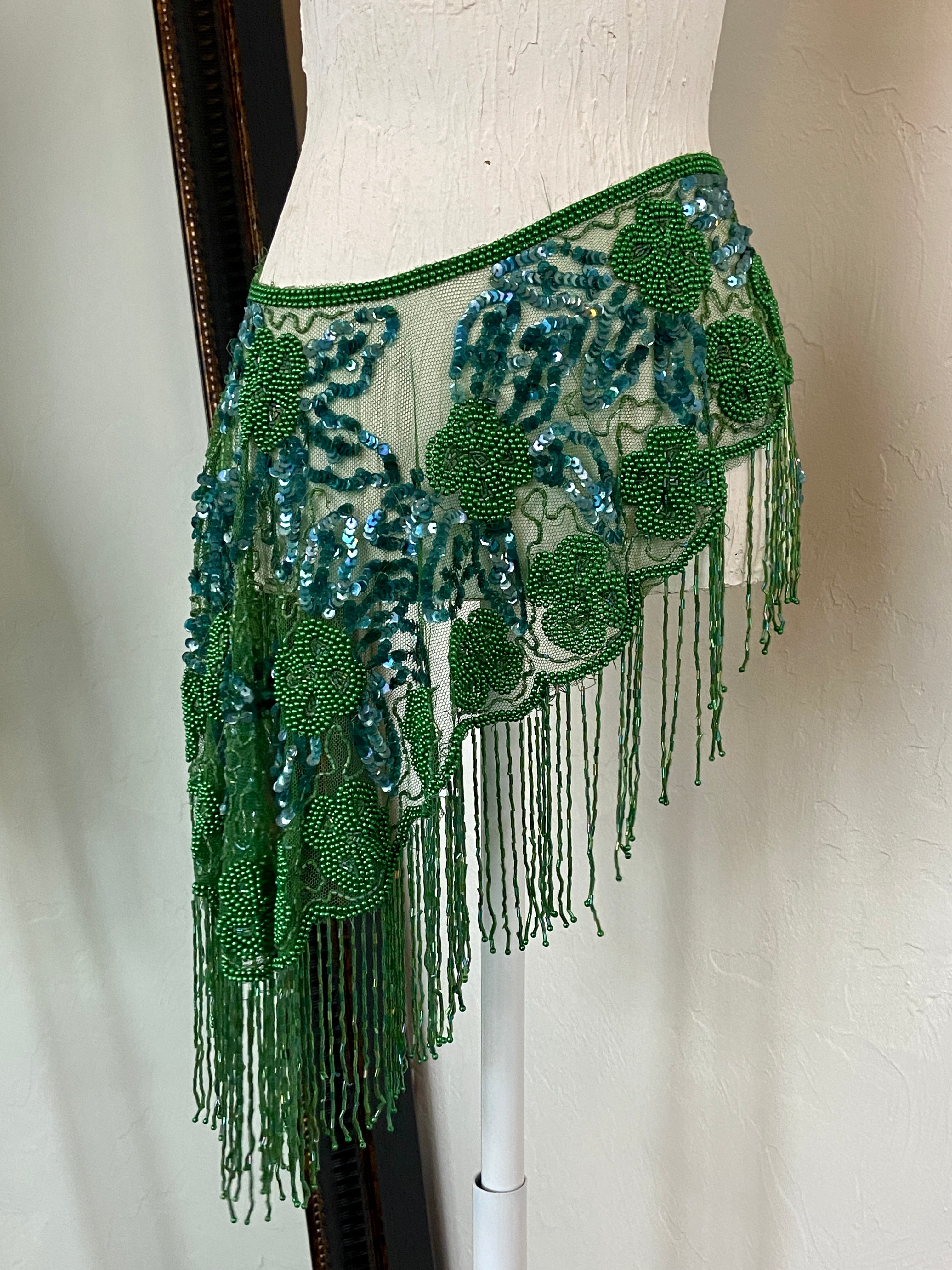 Green Glass Beaded Fringe & Sequin Shrug