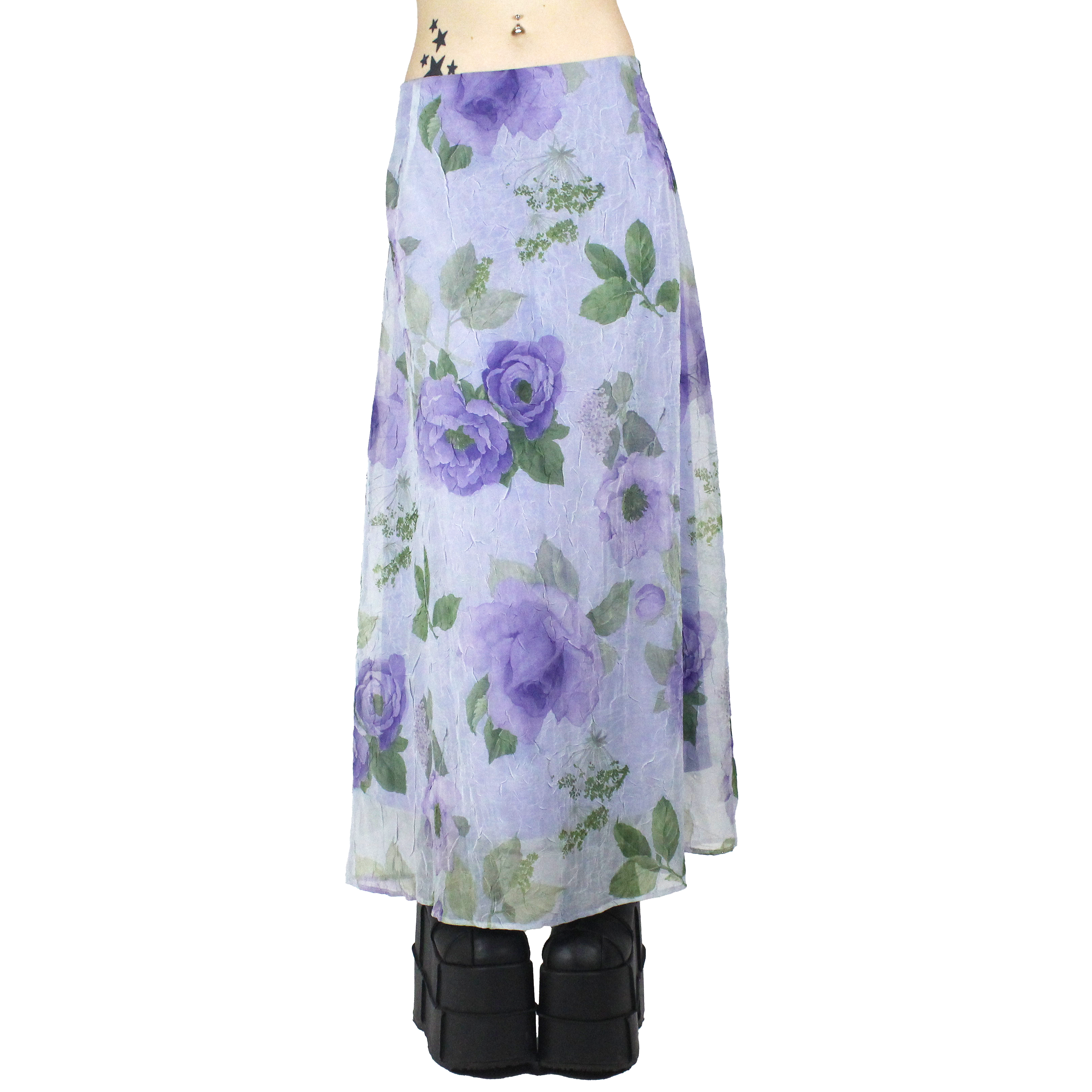 80s Floral Print Organza Maxi Skirt (M/L)