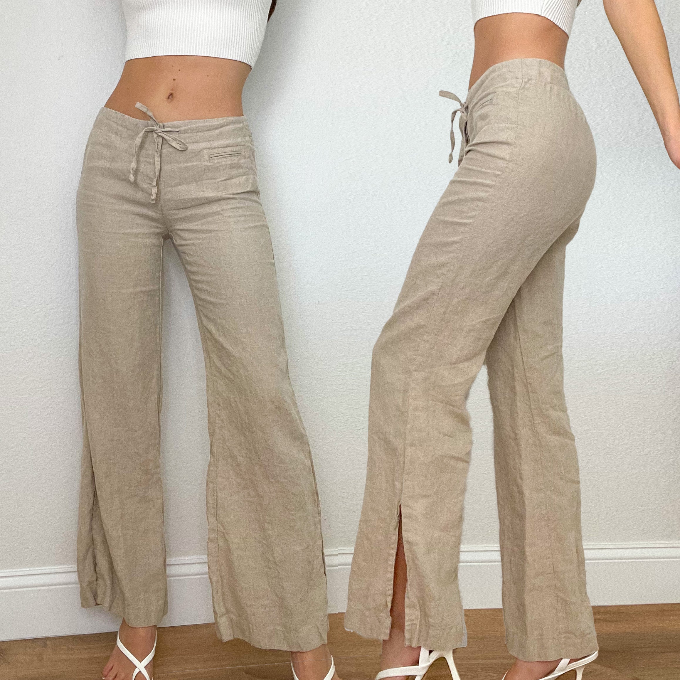 Beige Linen Low Rise Flare Pants