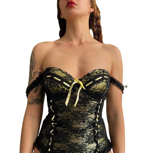 Black lace yellow satin corset (L)
