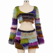 Colorful Fuzzy Patchwork Knit Top & Mini Skirt Set (XS-2XL)