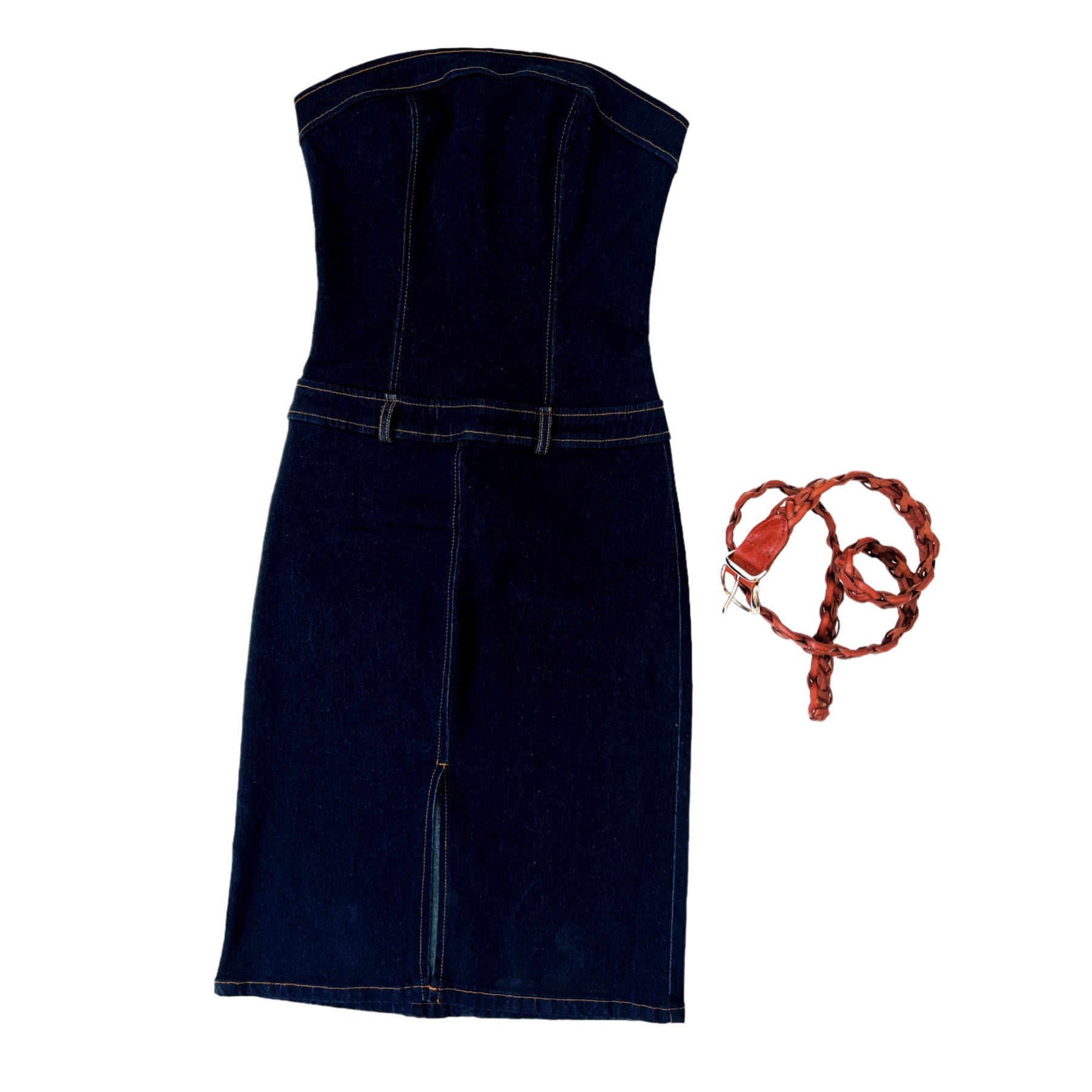 90s Belted Strapless Denim Dress (S)