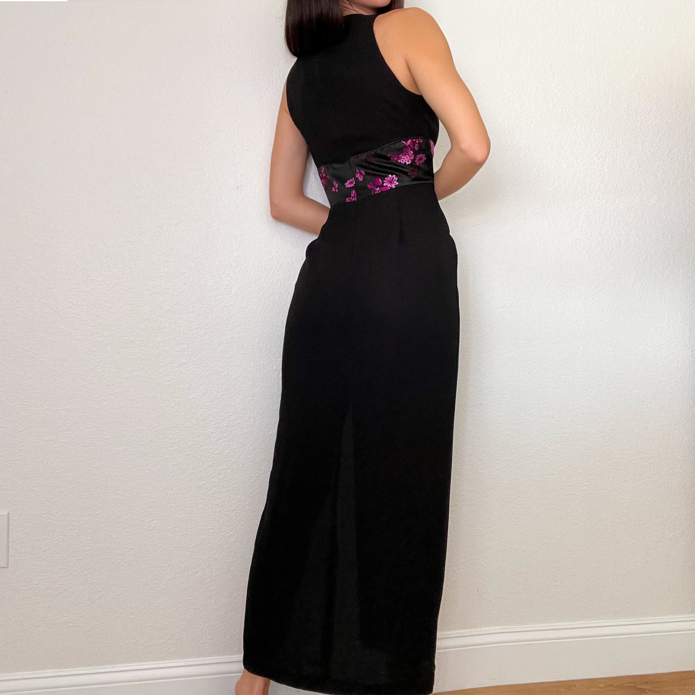 Black and Pink Floral Belt Maxi Dress