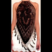 Handmade Chocolate Brown Velvet Burnout Beaded Silk Backless Halter Top (XS-L)