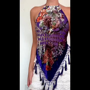 Rare Y2K Aris A Purple Floral Beaded Silk Backless Halter Top (XS-L)