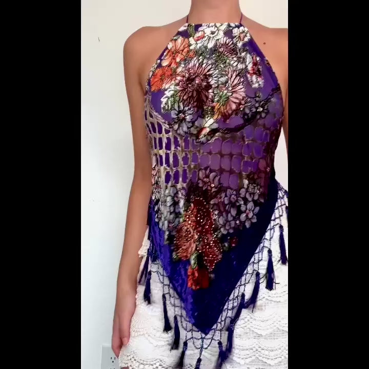 Rare Y2K Aris A Purple Floral Beaded Silk Backless Halter Top (XS-L)