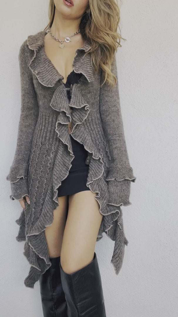 Ruffly Taupe Knit Duster - S/M