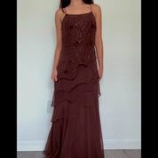 Deadstock Y2K Brown Silk Beaded Ruffle Maxi Dress (M/L)