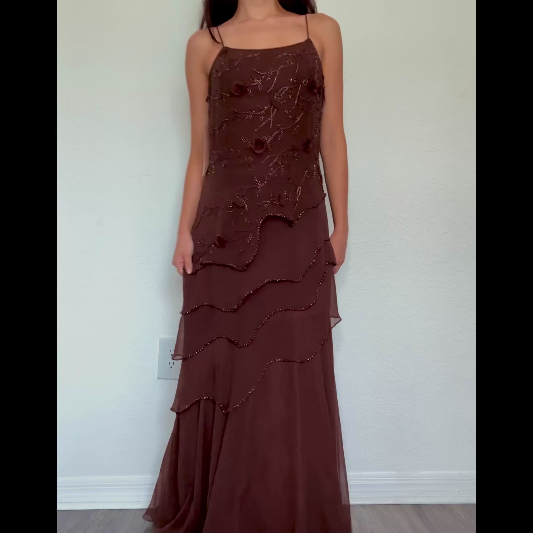 Deadstock Y2K Brown Silk Beaded Ruffle Maxi Dress (M/L)