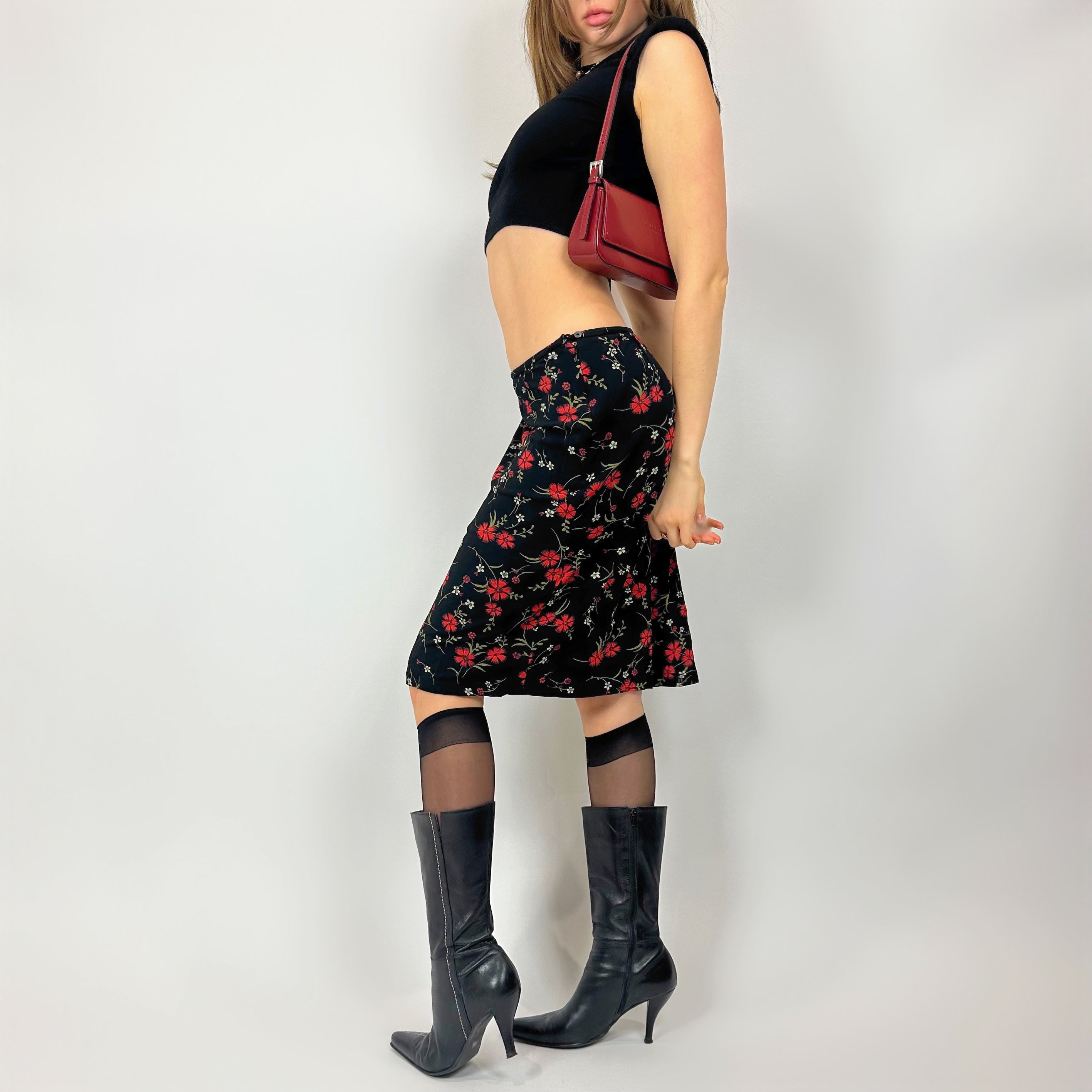 Vintage Slinky Red Floral Midi Skirt (s/m)