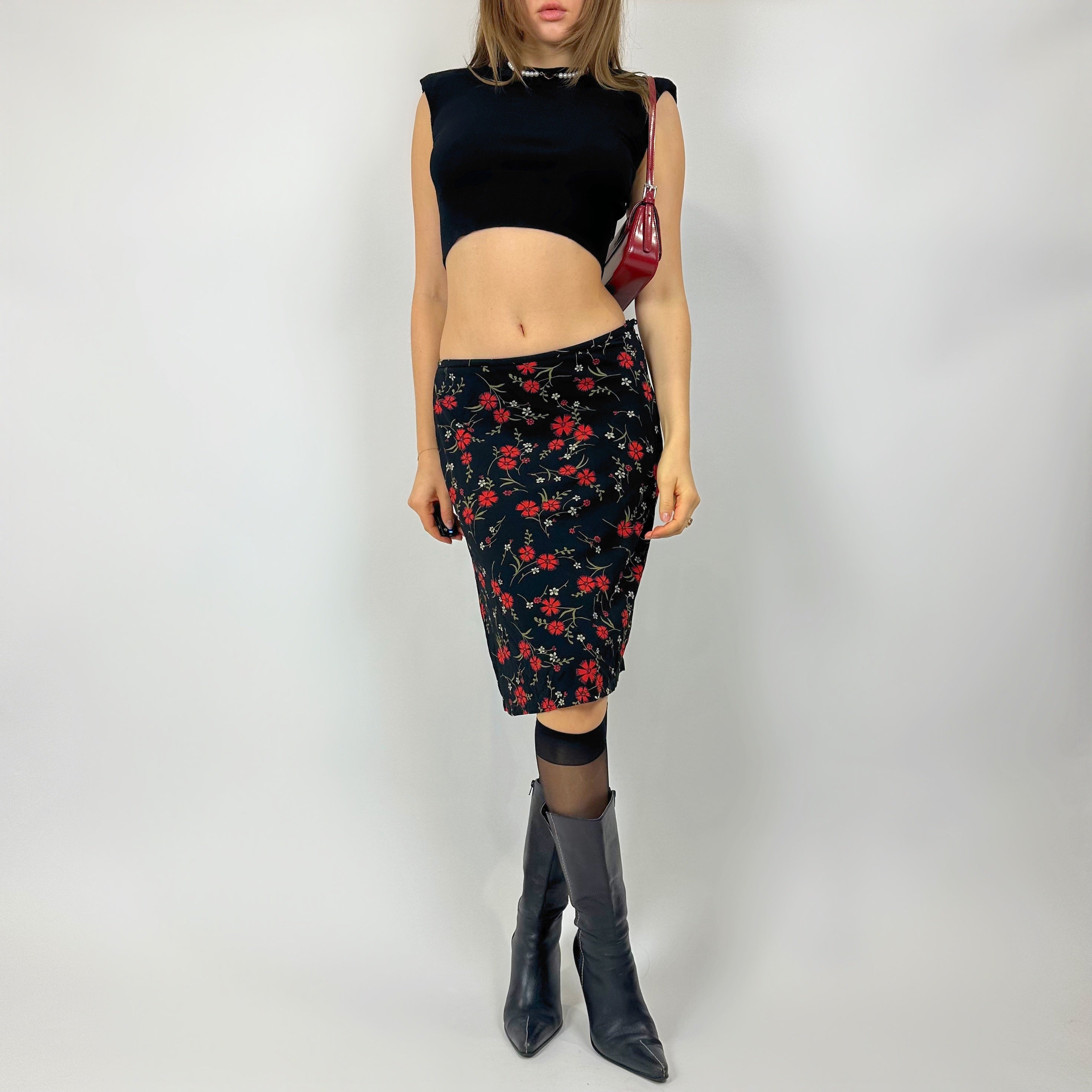 Vintage Slinky Red Floral Midi Skirt (s/m)