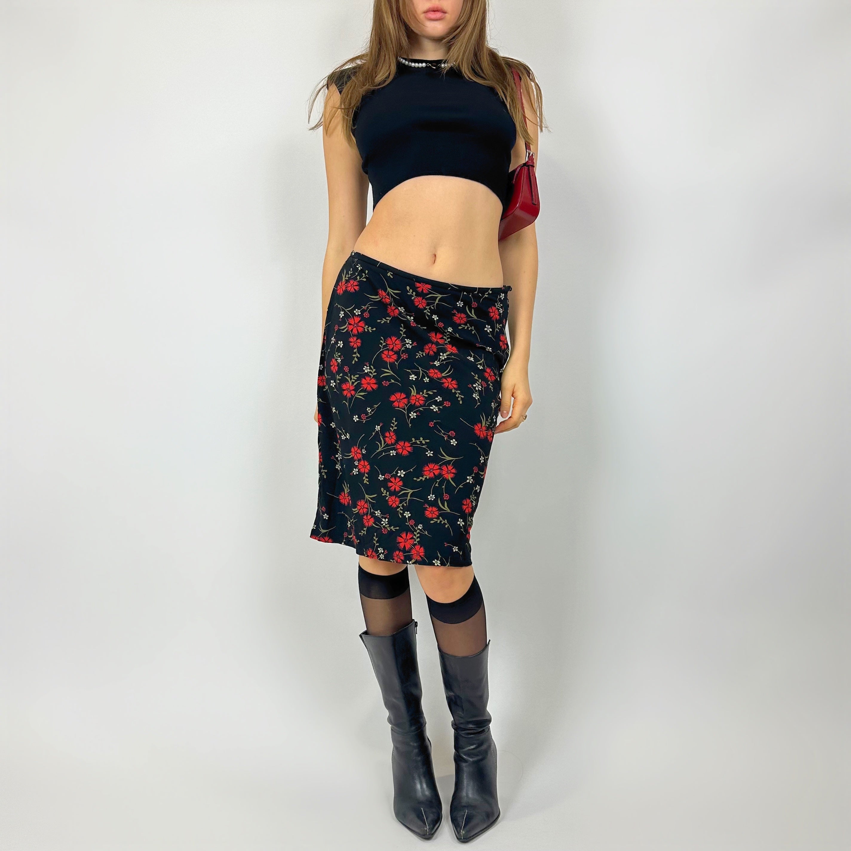 Vintage Slinky Red Floral Midi Skirt (s/m)