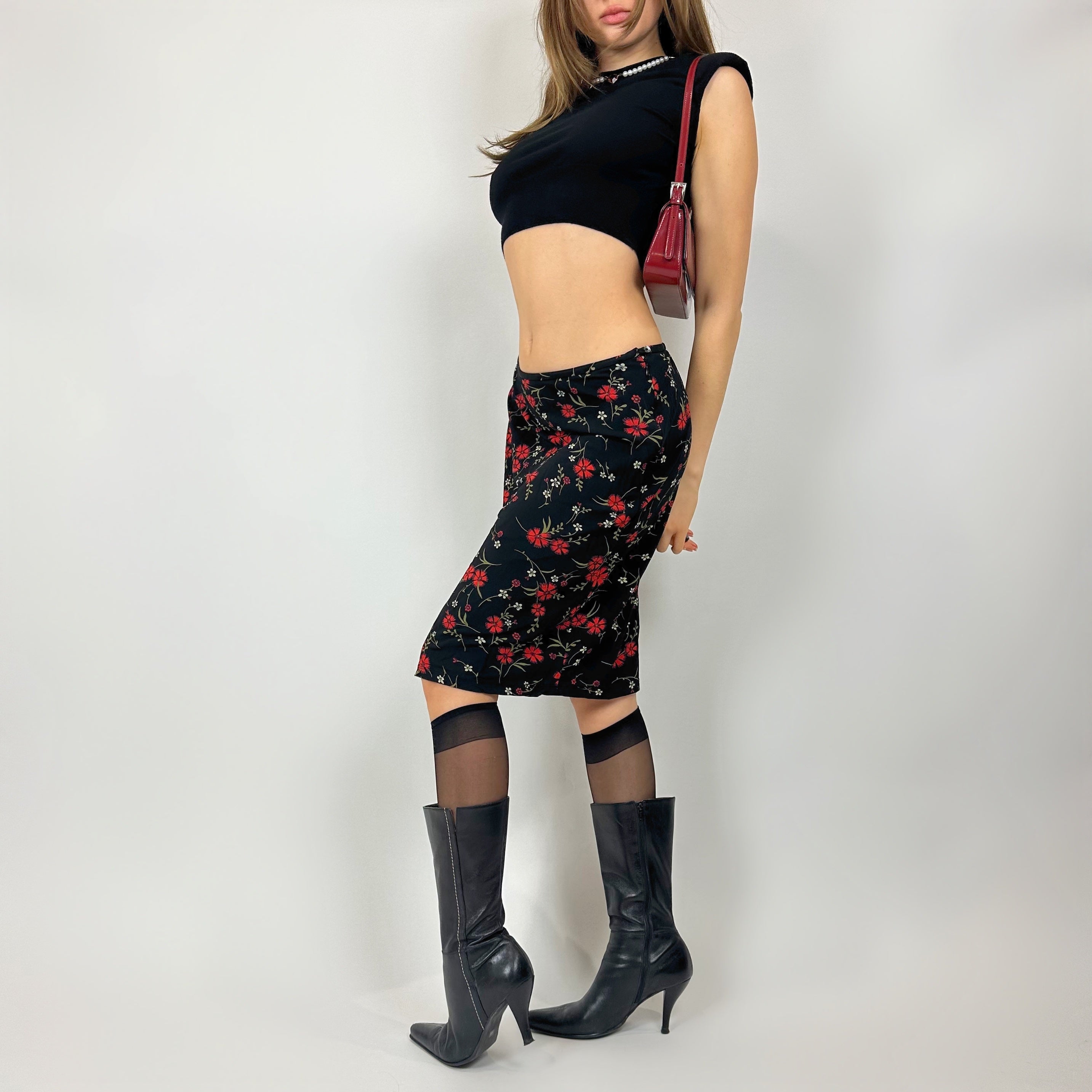 Vintage Slinky Red Floral Midi Skirt (s/m)