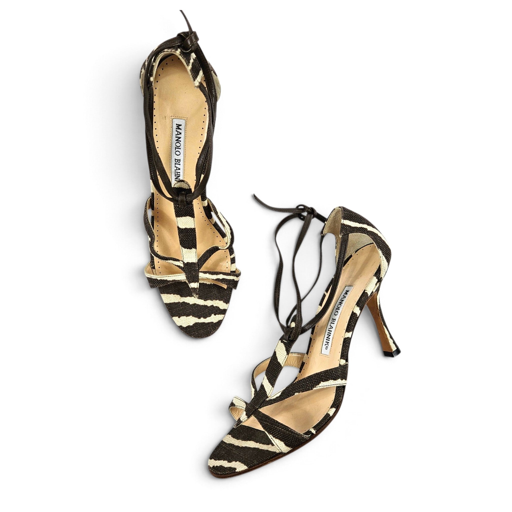 Vintage Manolo Blahnik Heels Zebra Canvas Strappy Sandals (6.5)
