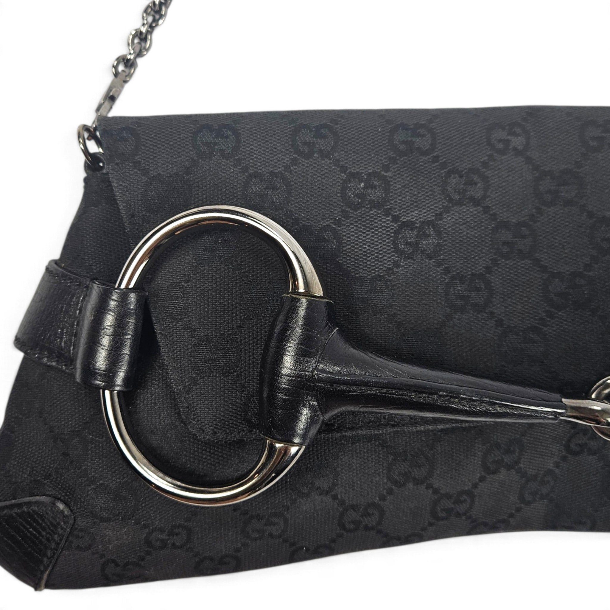 Vintage Gucci by Tom Ford Black GG Canvas Horsebit Chain Shoulder Bag Clutch Y2K