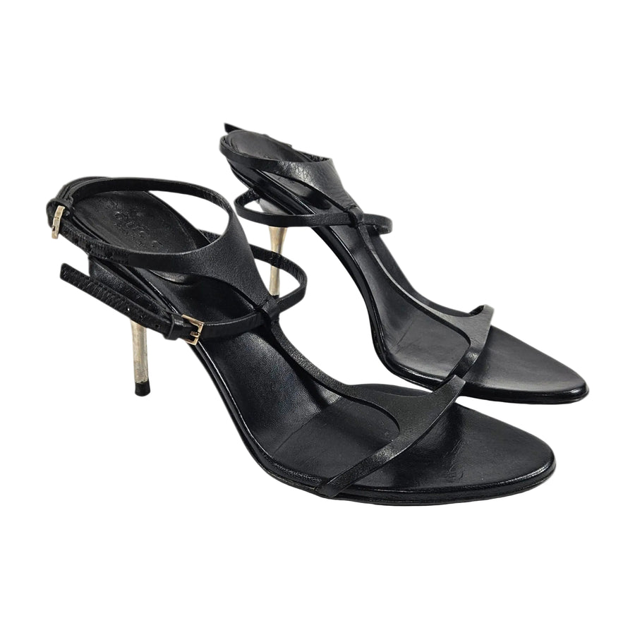 Vintage Gucci Heels Tom Ford Era Strappy Black Leather T-Strap Y2k (7)