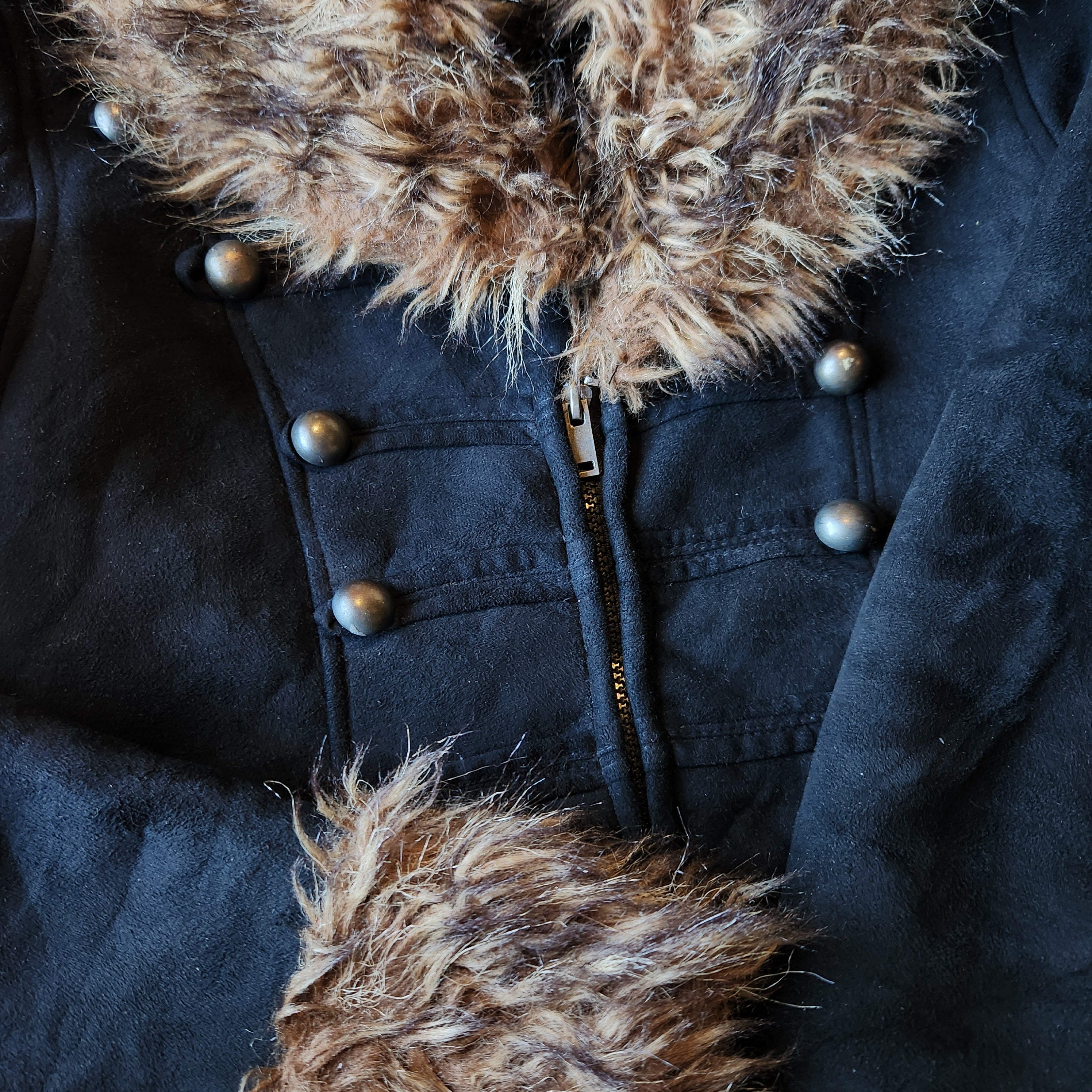 Black Fur Trim Military Style Jacket (M)