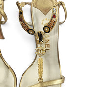 Vintage Chanel Heels Gold Metallic T-Strap Metal Motif Sandals (8)