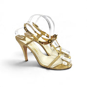 Vintage Chanel Heels Gold Metallic T-Strap Metal Motif Sandals (8)