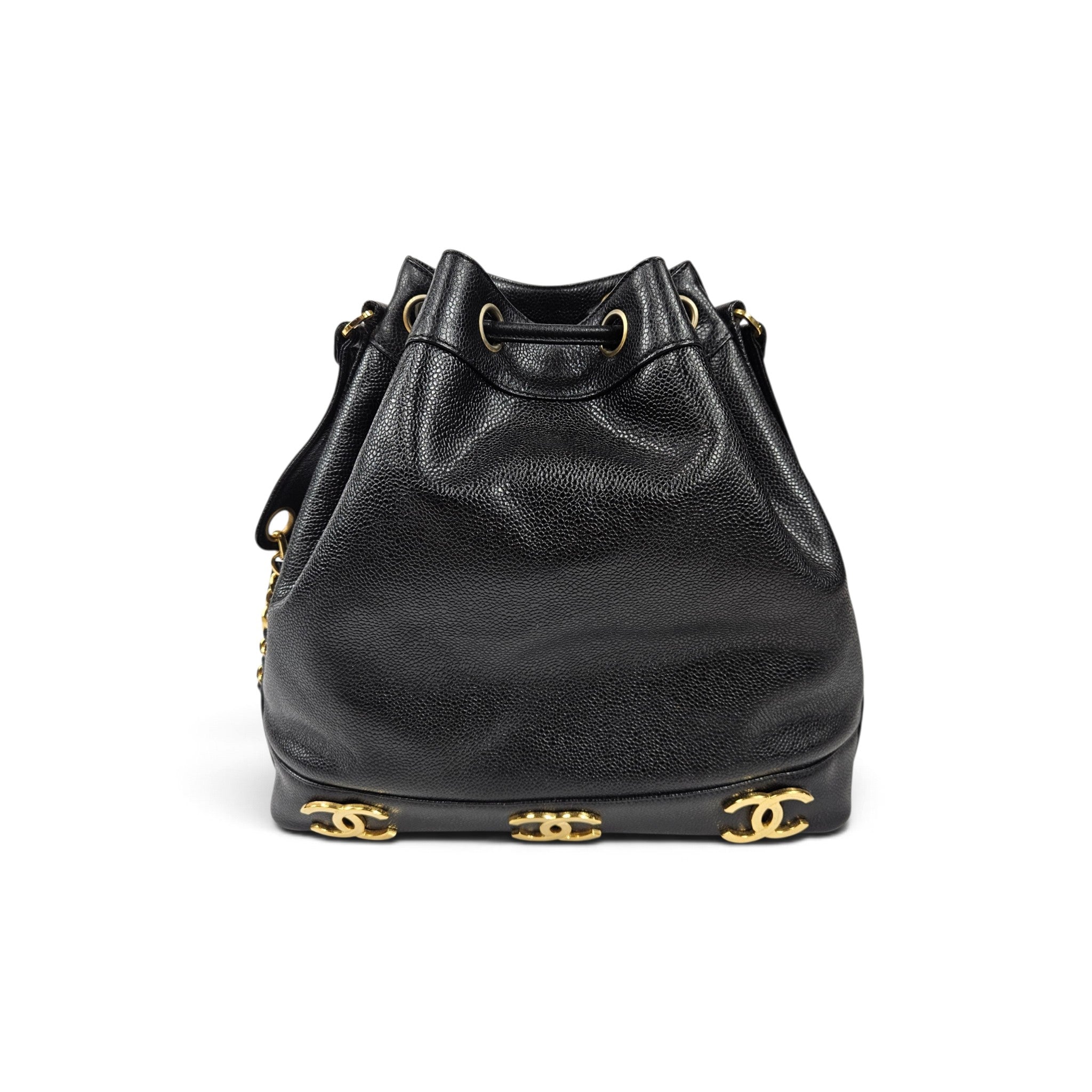 Vintage 90's Chanel Large Triple CC Bucket Bag Black Caviar Leather