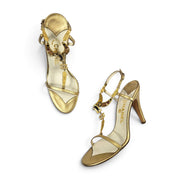 Vintage Chanel Heels Gold Metallic T-Strap Metal Motif Sandals (8)