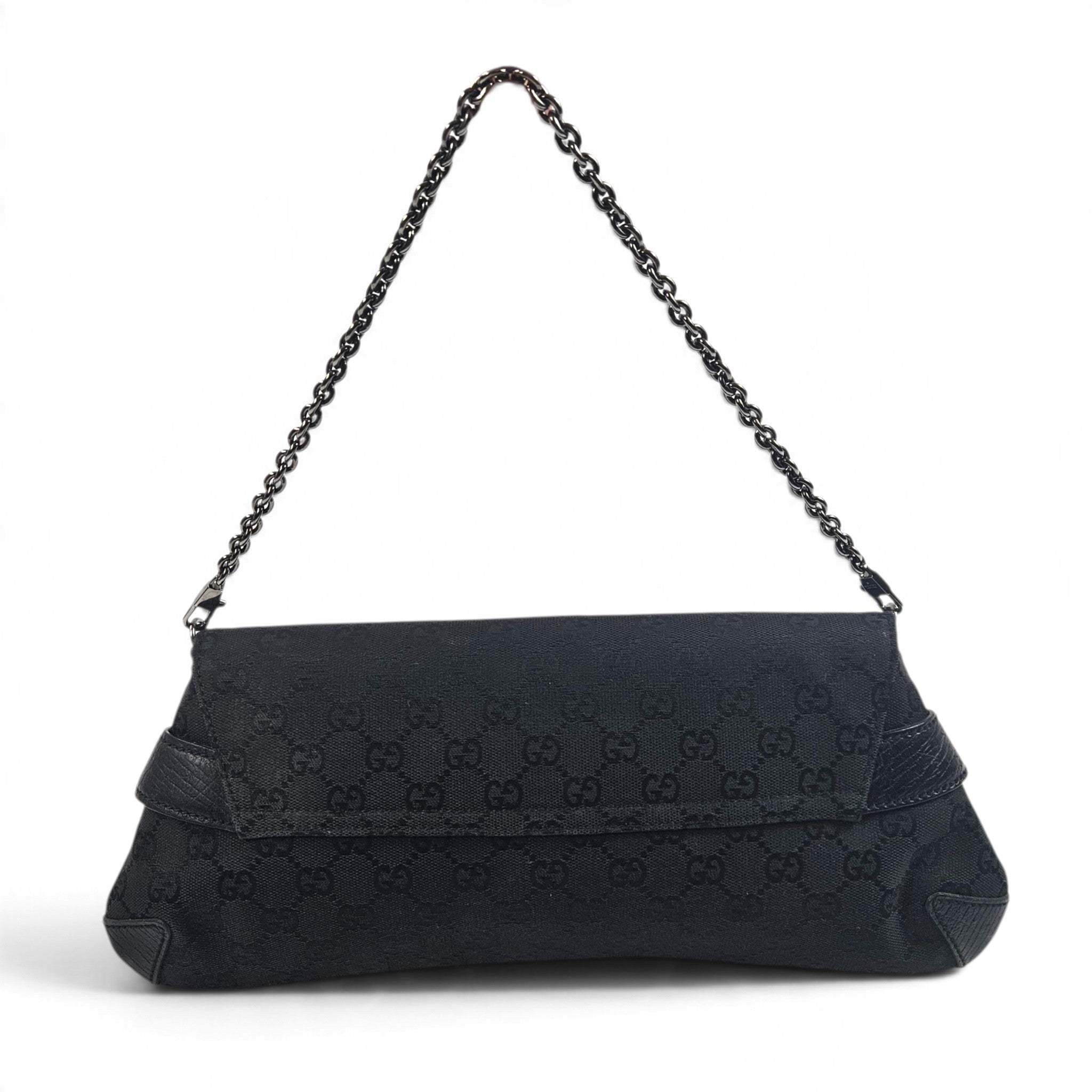 Vintage Gucci by Tom Ford Black GG Canvas Horsebit Chain Shoulder Bag Clutch Y2K
