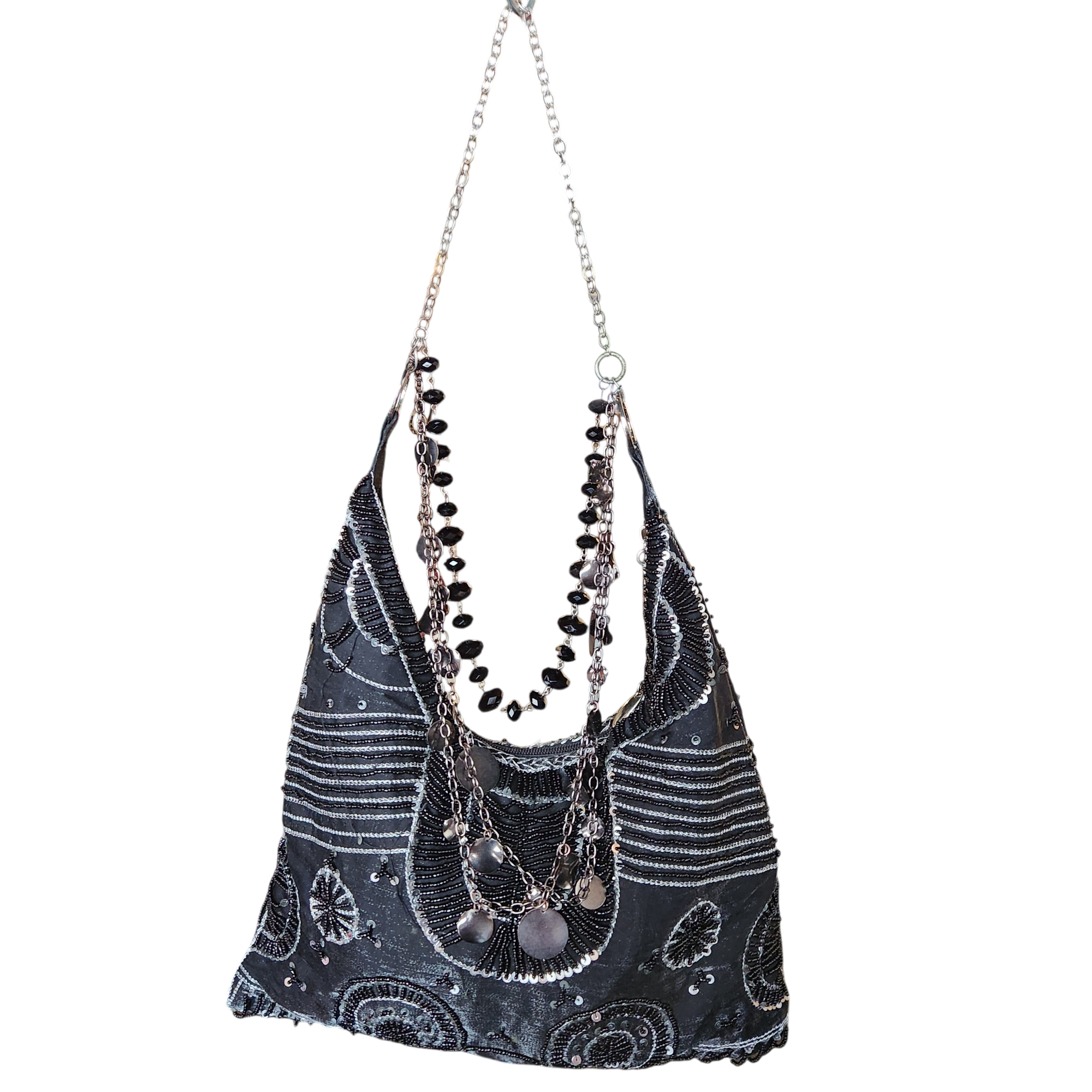 Beaded Embroidered Black Silver Bag