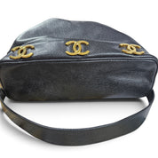 Vintage 90's Chanel Large Triple CC Bucket Bag Black Caviar Leather