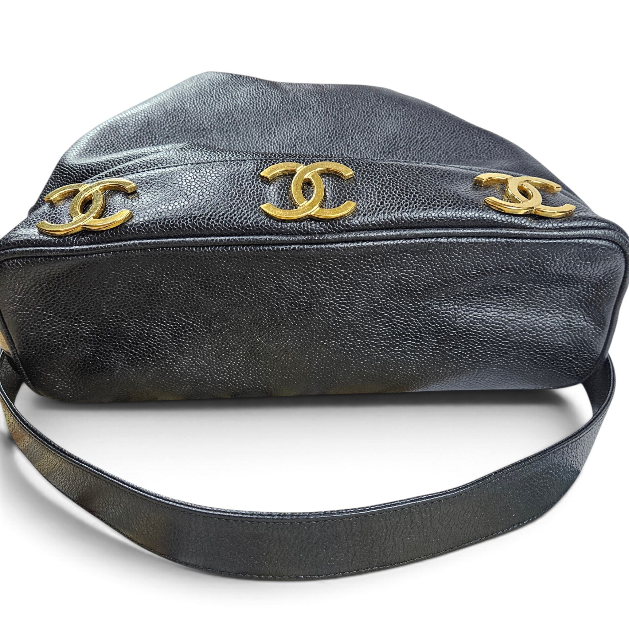 Vintage 90's Chanel Large Triple CC Bucket Bag Black Caviar Leather