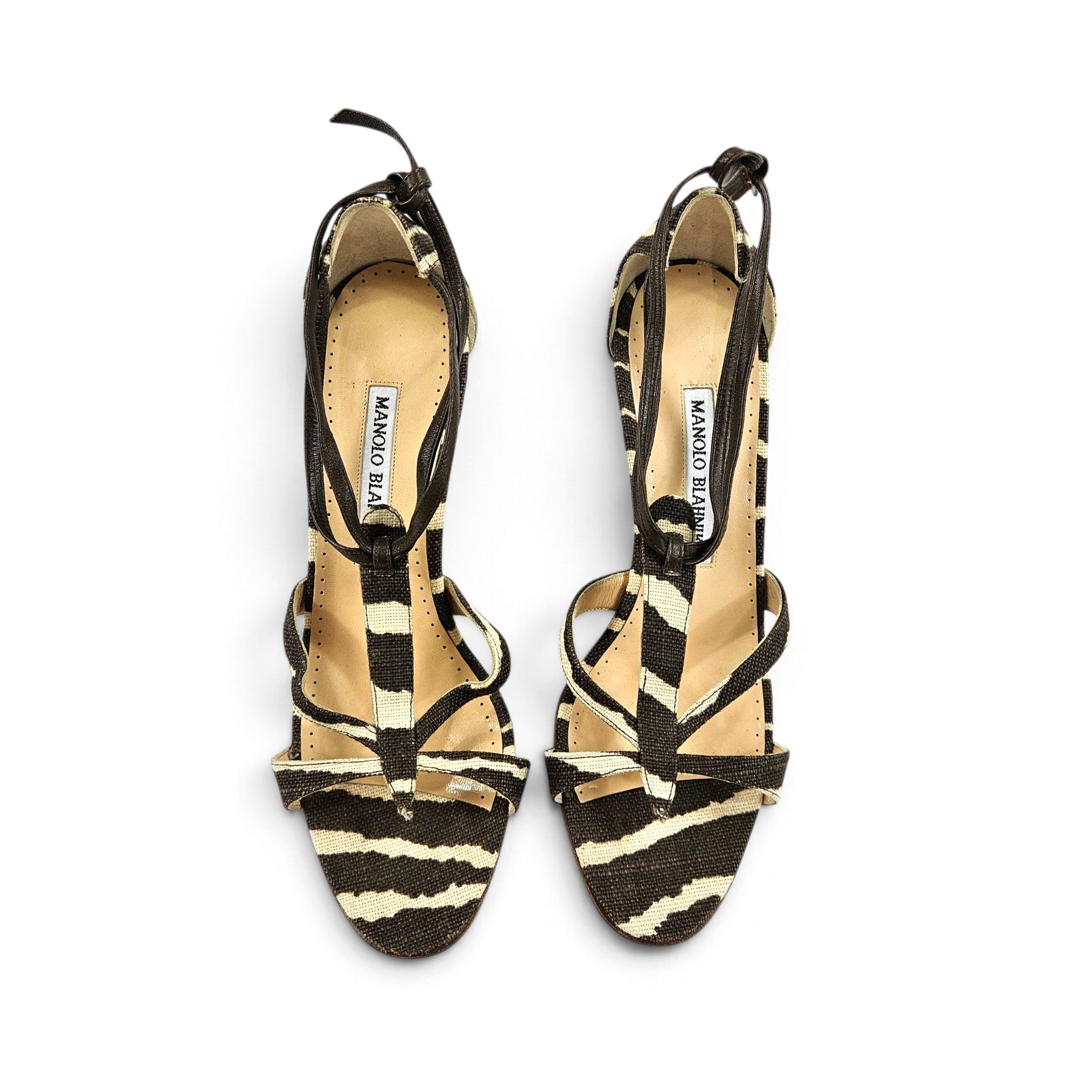 Vintage Manolo Blahnik Heels Zebra Canvas Strappy Sandals (6.5)