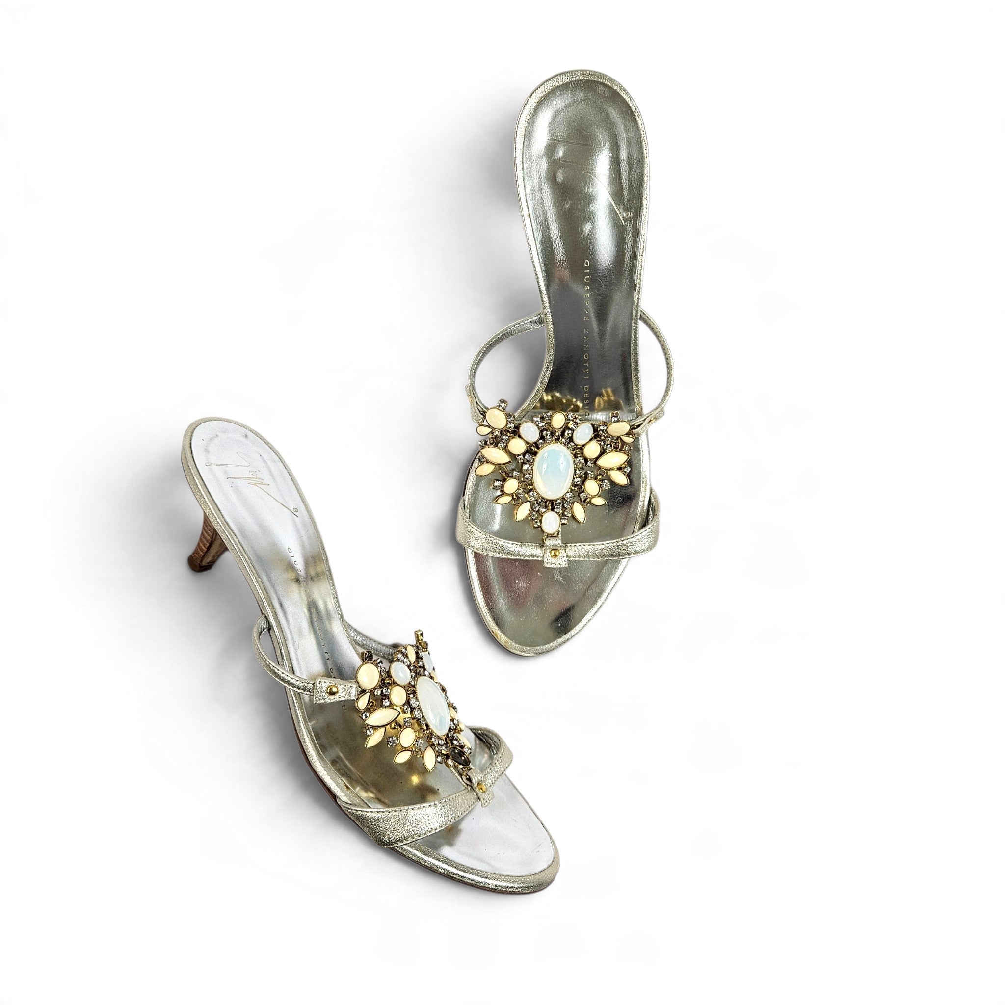 Vintage Giuseppe Zanotti Metallic Jeweled Opal Sandals Kitten Heels  (7.5)