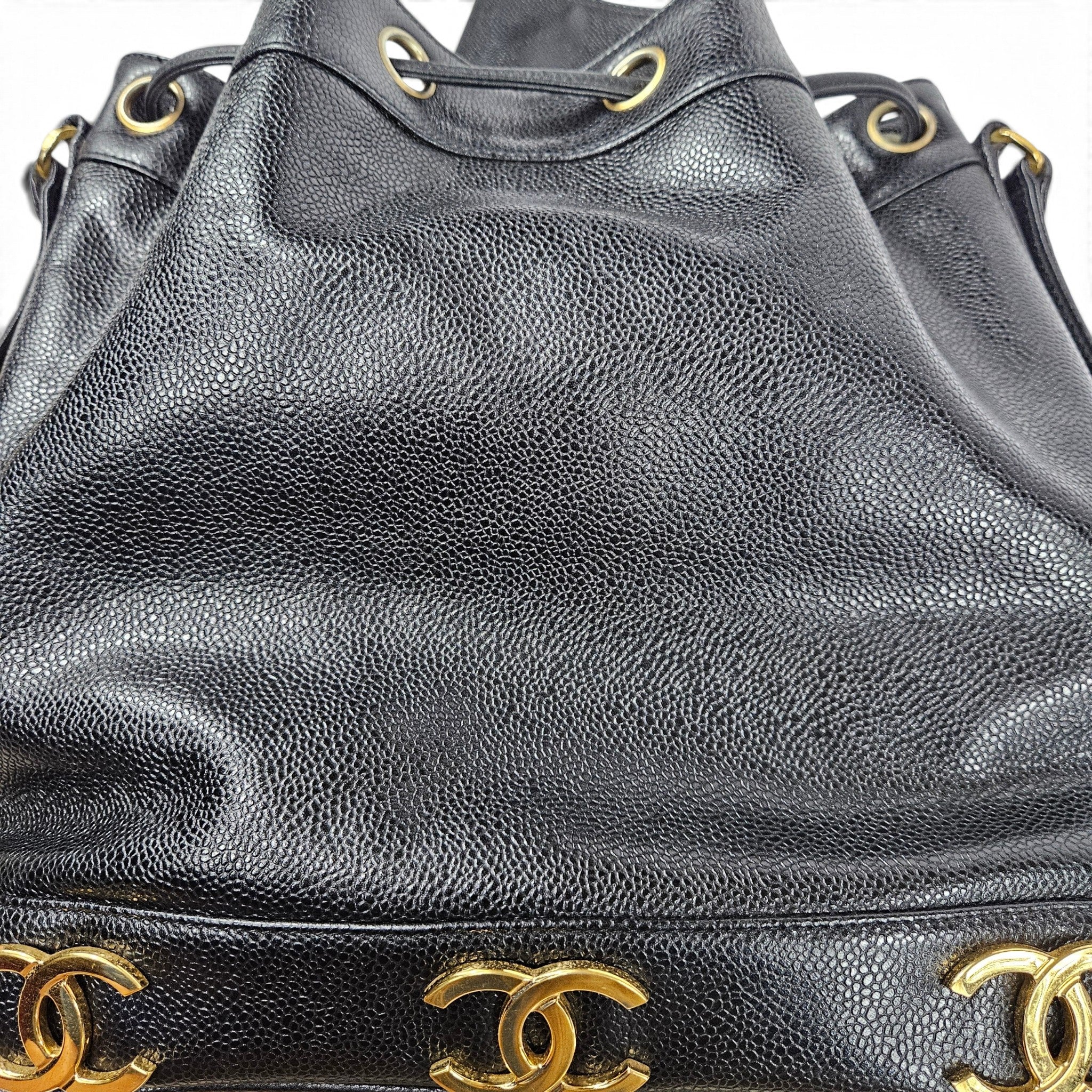 Vintage 90's Chanel Large Triple CC Bucket Bag Black Caviar Leather