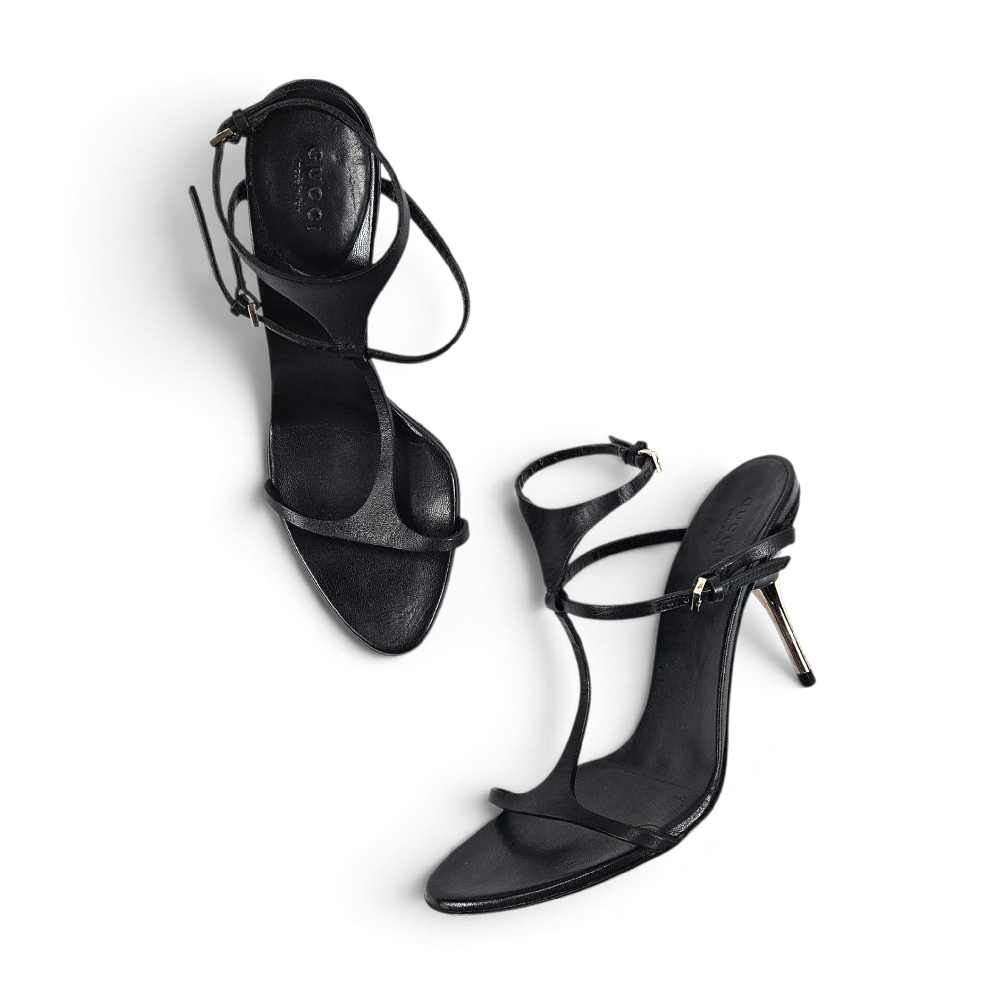 Vintage Gucci Heels Tom Ford Era Strappy Black Leather T-Strap Y2k (7)