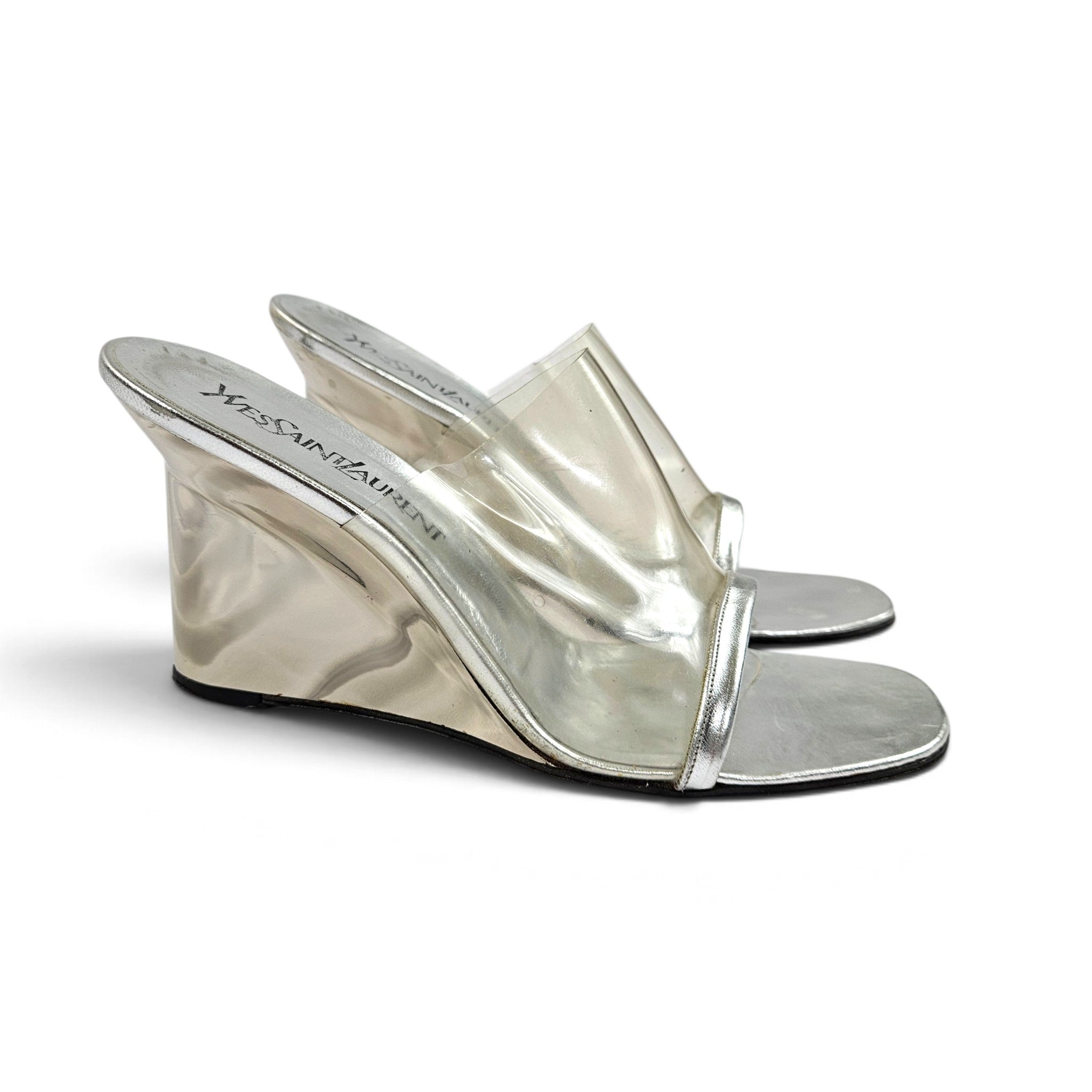 Vintage YSL Yves Saint Laurent Wedge Heels Silver Mirrored Lucite Mules (7.5)