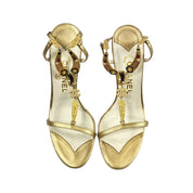 Vintage Chanel Heels Gold Metallic T-Strap Metal Motif Sandals (8)