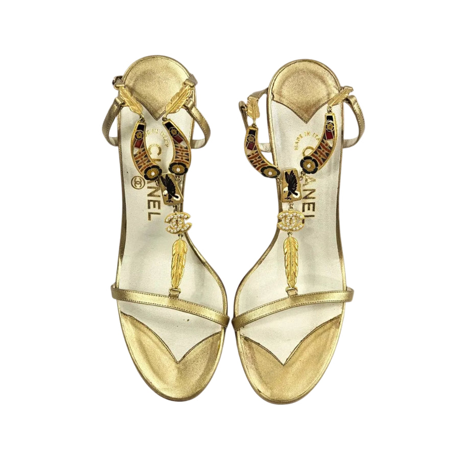 Vintage Chanel Heels Gold Metallic T-Strap Metal Motif Sandals (8)