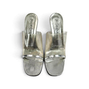 Vintage YSL Yves Saint Laurent Wedge Heels Silver Mirrored Lucite Mules (7.5)
