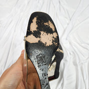 Vintage YSL Yves Saint Laurent Wedge Heels Silver Mirrored Lucite Mules (7.5)