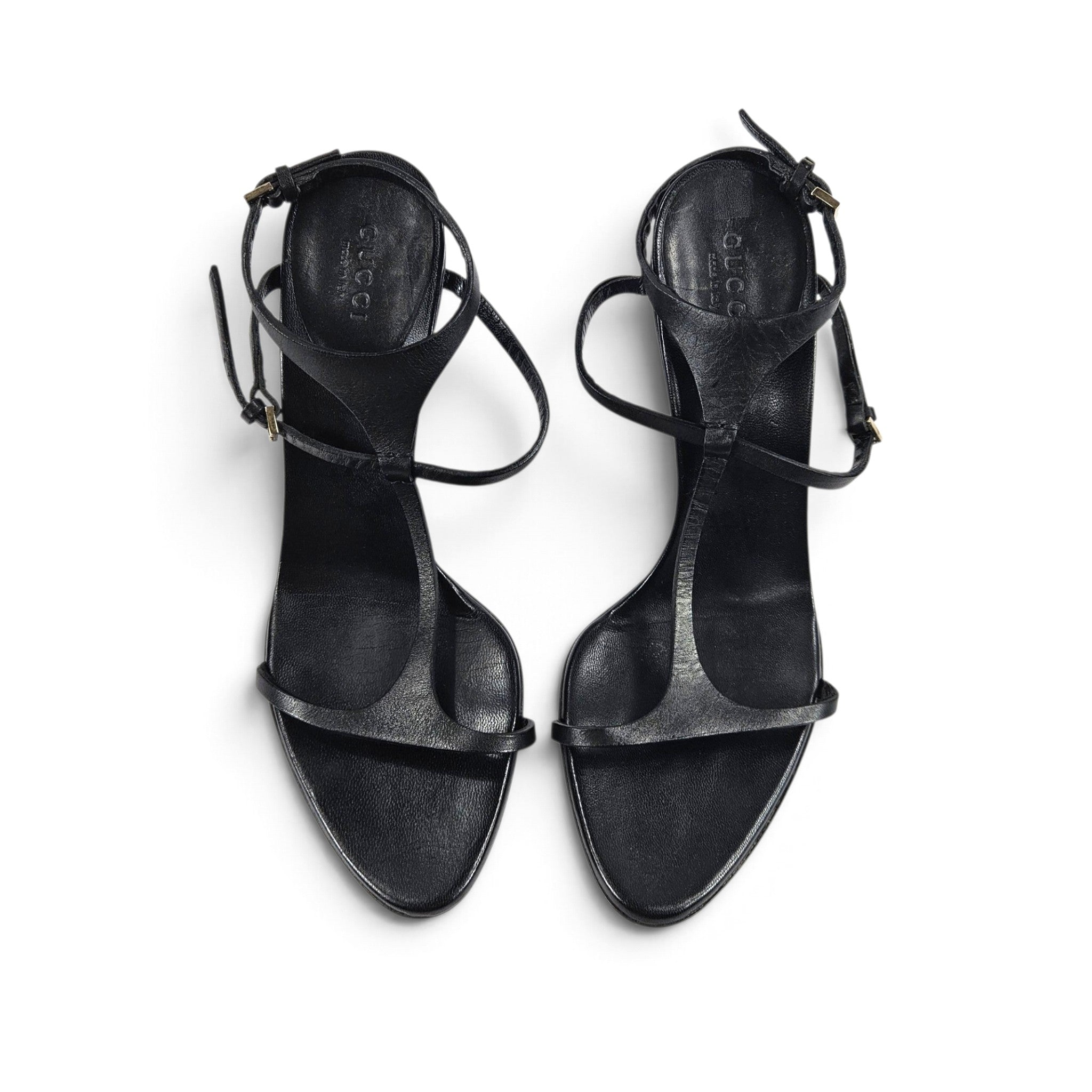 Vintage Gucci Heels Tom Ford Era Strappy Black Leather T-Strap Y2k (7)