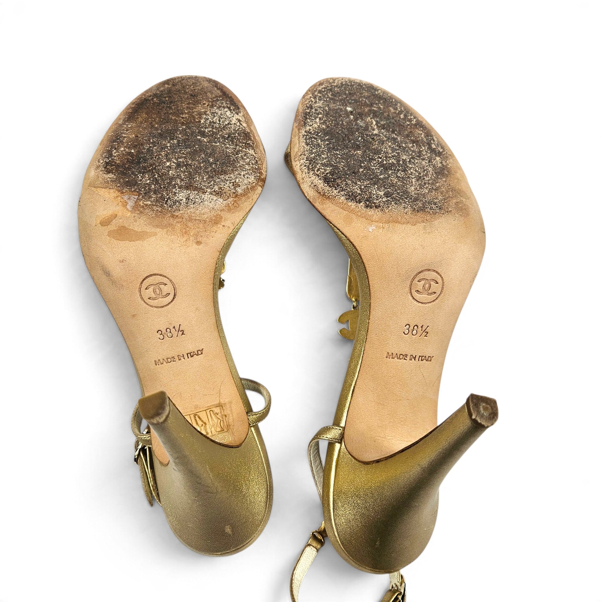 Vintage Chanel Heels Gold Metallic T-Strap Metal Motif Sandals (8)