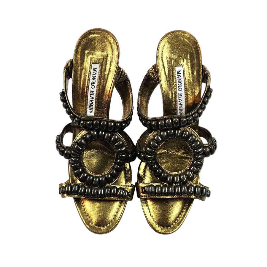 Vintage Manolo Blahnik Gold Beaded Heels - (7)