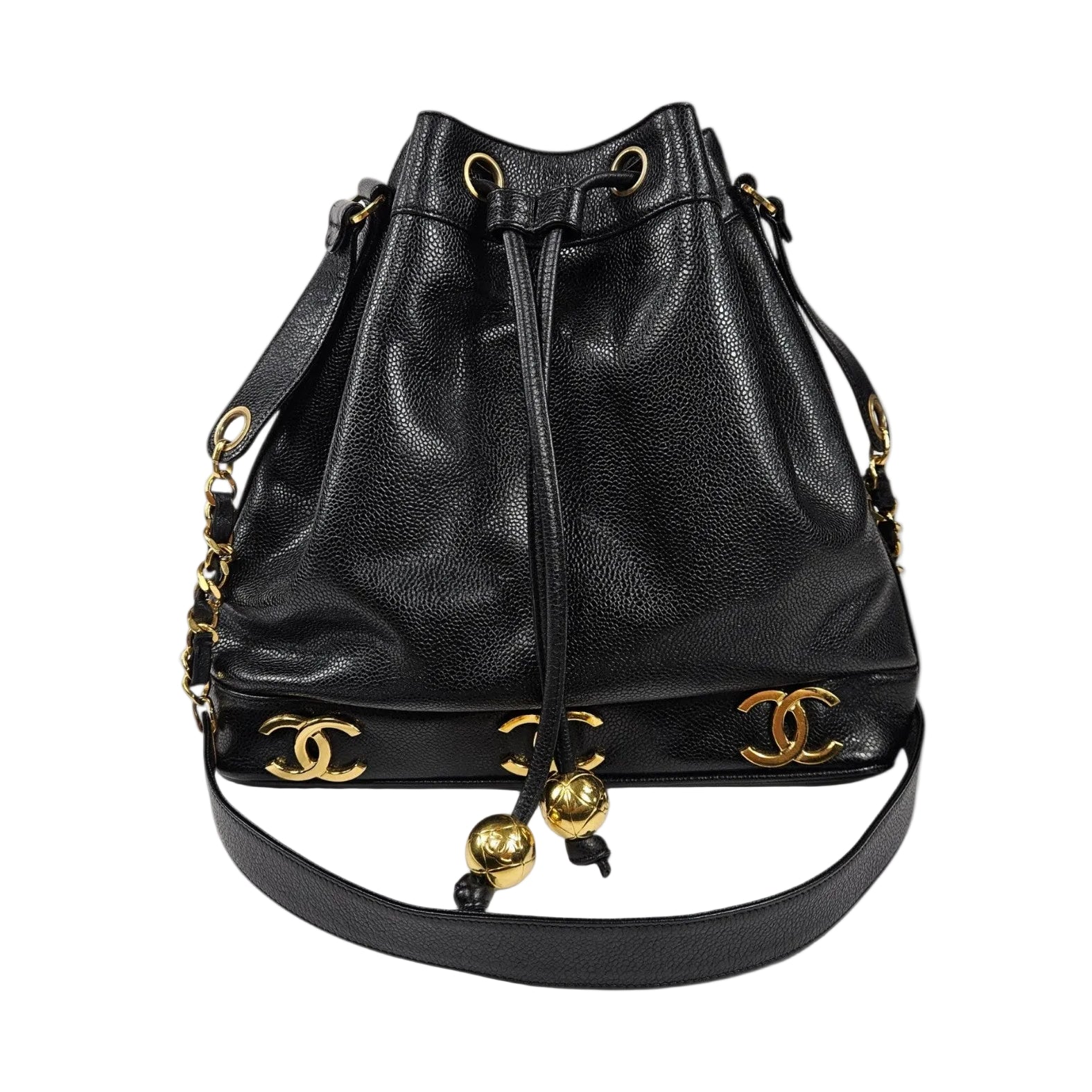 Vintage 90's Chanel Large Triple CC Bucket Bag Black Caviar Leather
