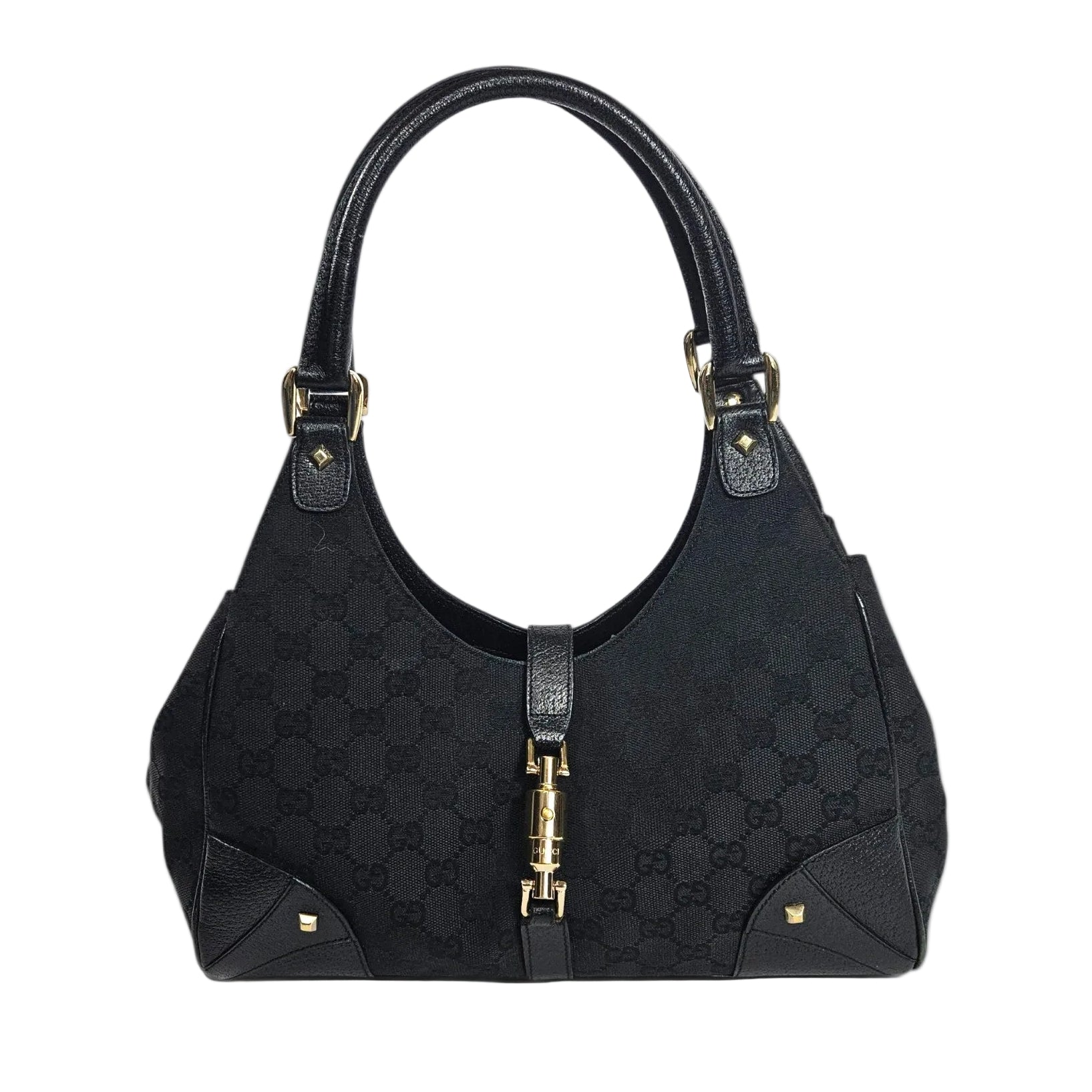 Vintage Gucci Jackie Canvas Monogram Bag Leather Trim Black