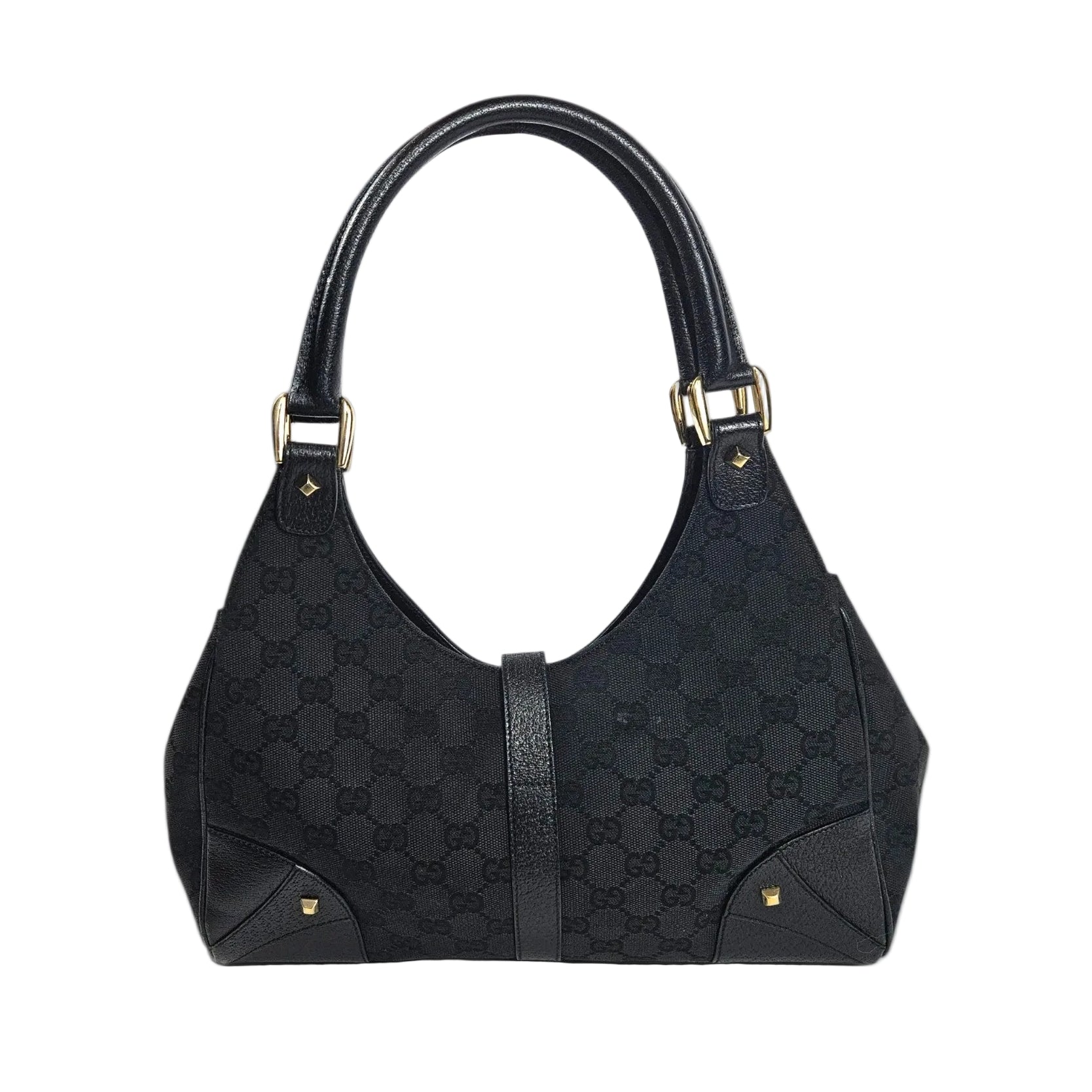 Vintage Gucci Jackie Canvas Monogram Bag Leather Trim Black