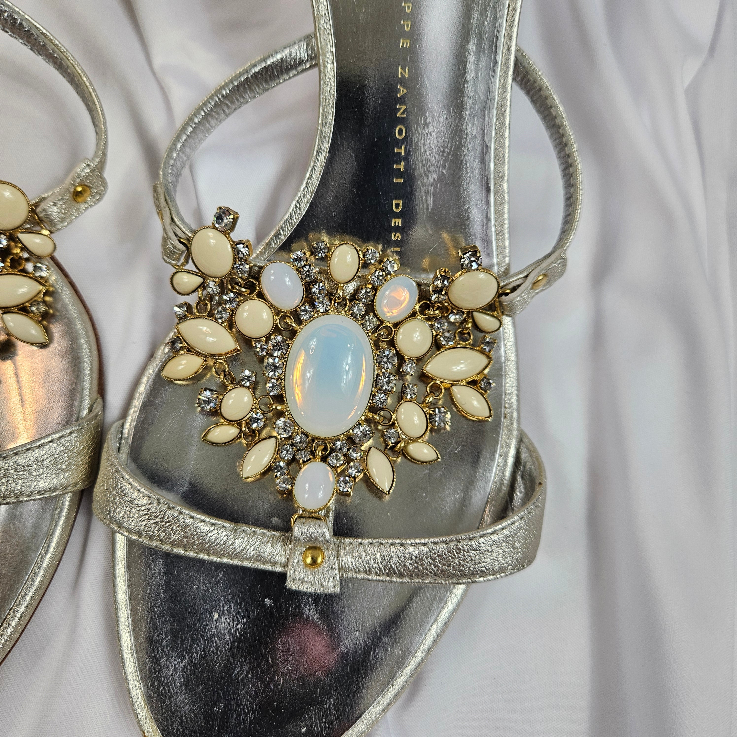Vintage Giuseppe Zanotti Metallic Jeweled Opal Sandals Kitten Heels  (7.5)