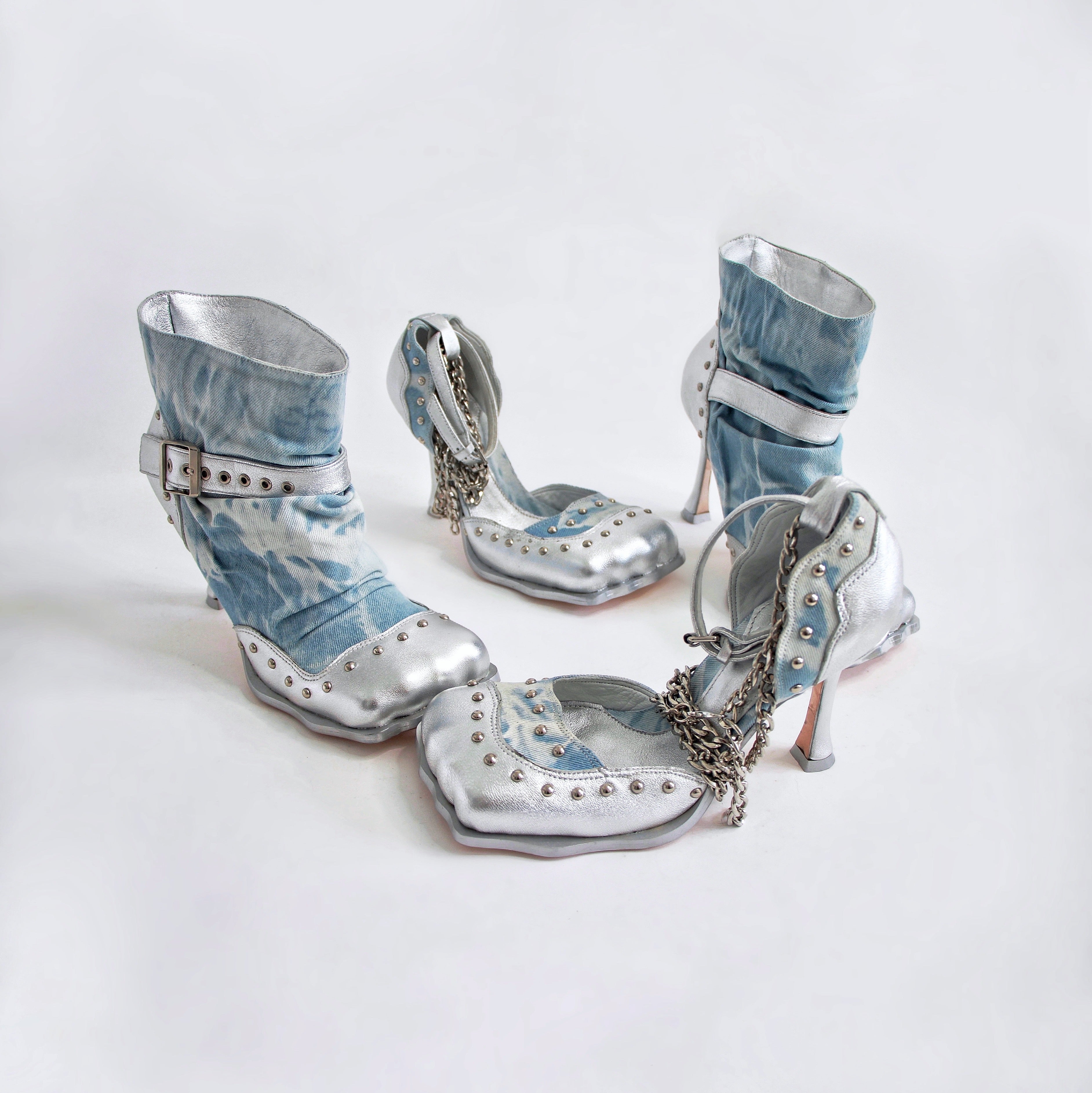 Denim & Silver Studded 4 Toe Pump (5-15)