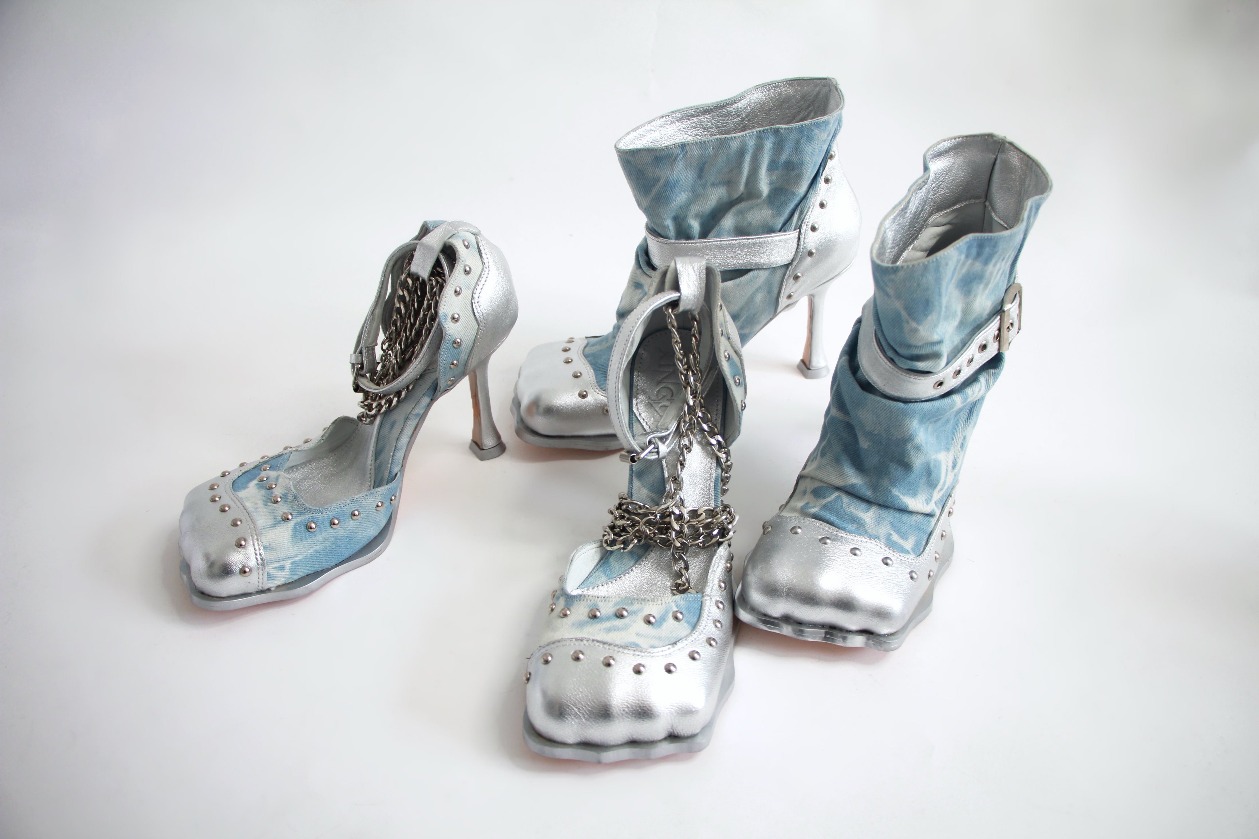 Denim & Silver Studded 4 Toe Pump (5-15)