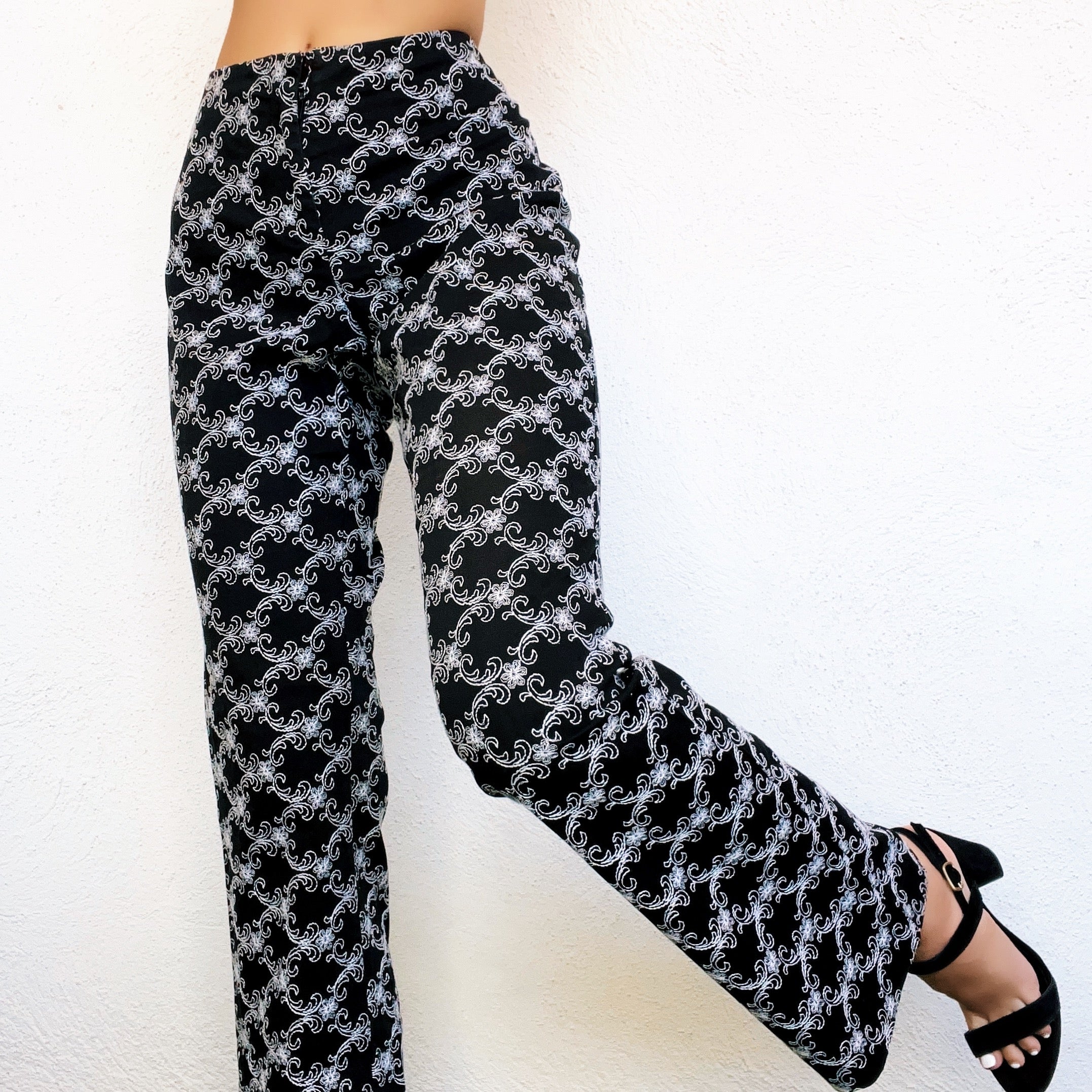Black & White Embroidered Floral Pants